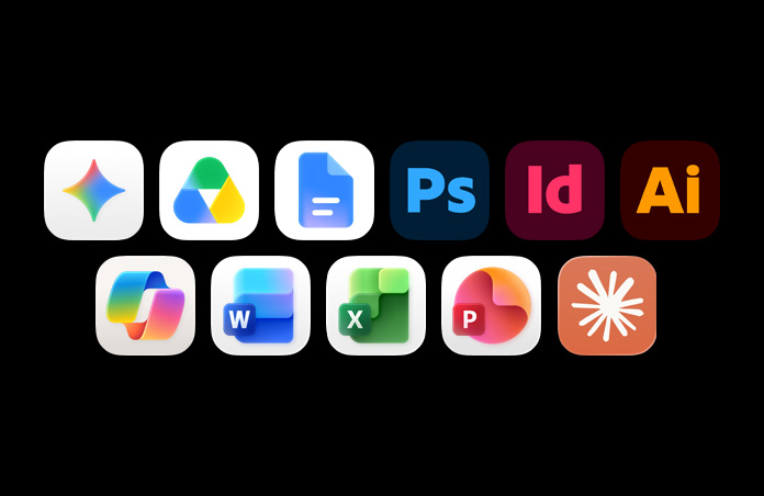Icônes d’apps en rangées : Google Gemini, Google Drive, Google Docs, Adobe Photoshop, Adobe InDesign, Adobe Illustrator, Microsoft Copilot, Microsoft Word, Microsoft Excel, Microsoft Powerpoint et Claude
