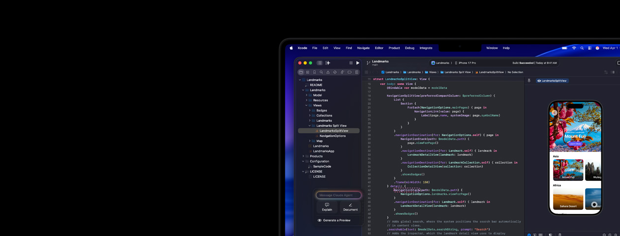 Xcode en cours d’exécution sur Mac, avec l’assistant de programmation basé sur l’IA Claude Agent et un aperçu d’app sur iPhone
