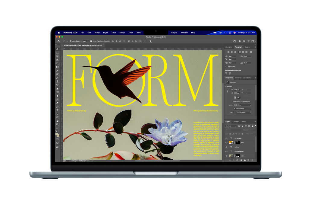 Une couverture de revue scientifique en cours de création dans Adobe Photoshop sur un MacBook Air