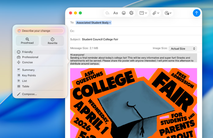 Un courriel concernant une foire universitaire dans Mail sur Mac, avec les outils d’écriture Apple Intelligence ouverts et des options pour réviser le texte ou retravailler son ton