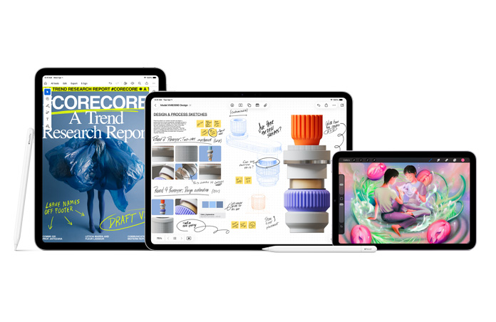 Différents modèles d’iPad, soit iPad Pro, iPad Air et iPad; un Apple Pencil Pro repose sur l’iPad Pro; un Apple Pencil est posé à l’horizontale devant les autres tablettes
