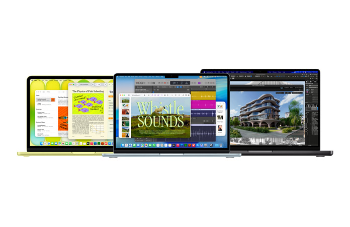 Un MacBook Neo agrume, un MacBook Air argent et un MacBook Pro noir infini illustrent les performances étendues de la famille Mac