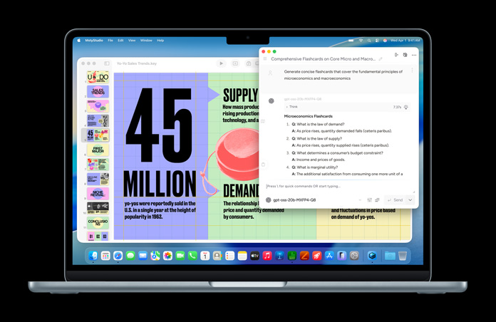 Un MacBook affiche l’app Msty Studio avec des aide-mémoire sur la microéconomie, ce qui illustre les capacités d’IA embarquée