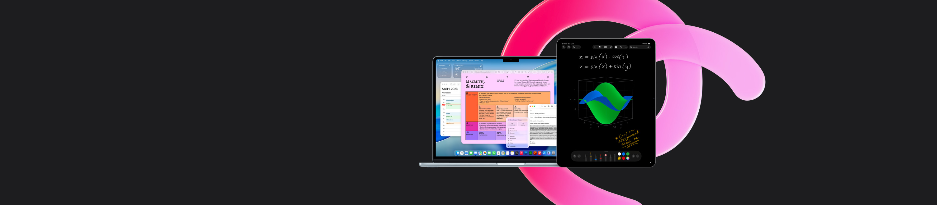 Un MacBook Air affiche Pages, Calendrier, une alerte et Mail, à côté d’un iPad qui montre des équations manuscrites dans Notes mathématiques, le tout illustrant la productivité avec les apps intégrées
