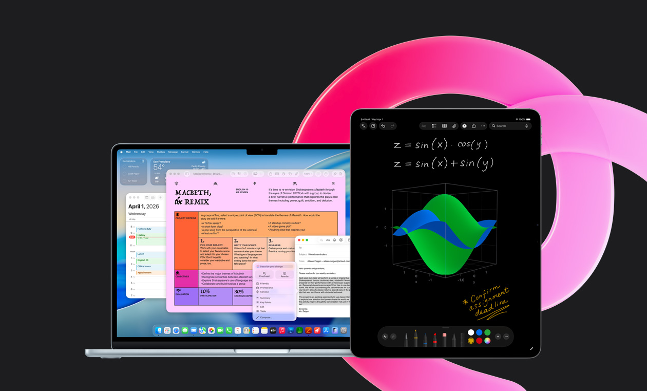 Un MacBook Air affiche Pages, Calendrier, une alerte et Mail, à côté d’un iPad qui montre des équations manuscrites dans Notes mathématiques, le tout illustrant la productivité avec les apps intégrées