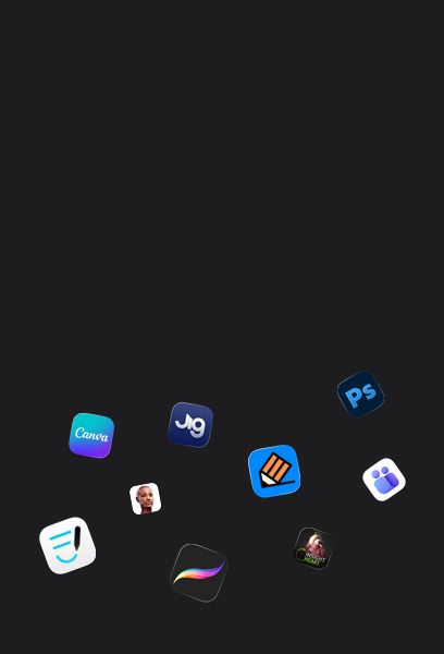 Icônes d’apps partenaires éparpillées : Goodnotes, Canva, Complete Anatomy, Procreate, JigSpace, Notability, INSIGHT HEART, Adobe Photoshop et Microsoft Teams