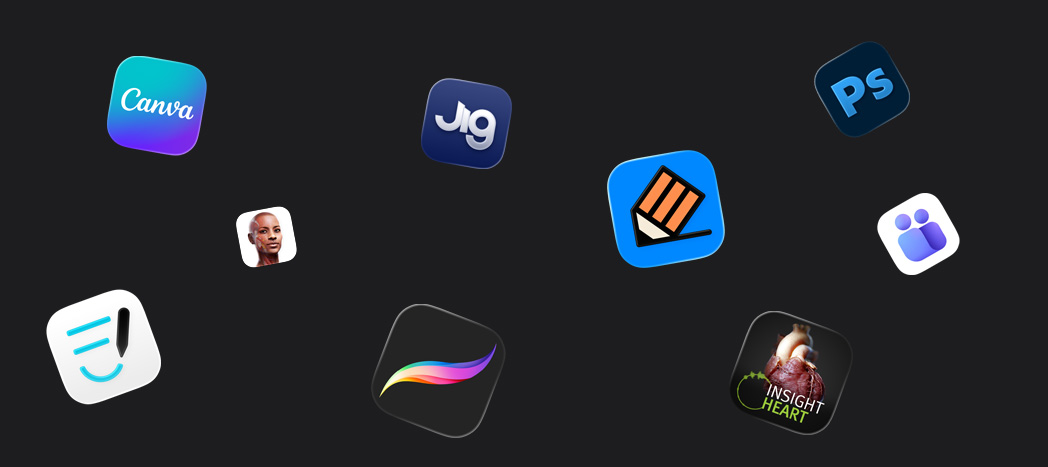 Icônes d’apps partenaires éparpillées : Goodnotes, Canva, Complete Anatomy, Procreate, JigSpace, Notability, INSIGHT HEART, Adobe Photoshop et Microsoft Teams