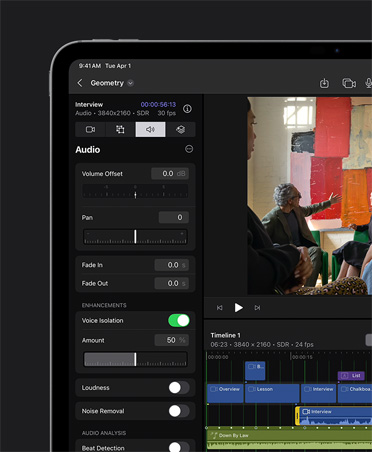 iPad Pro 13 screen showing sound editing workspace, voice isolation with controls and adjustments on the left, and image of students sitting in a classroom and professor pointing to a painting on the right