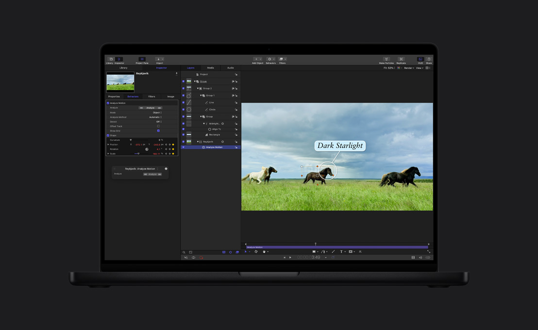 MacBook Pro 16, five horses running in green field, demo of object tracking