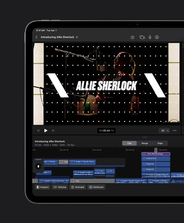 iPad Pro 13, Music video edit with titles superimposed on image, tools for choosing fonts colors and layout, title reads Allie Sherlock