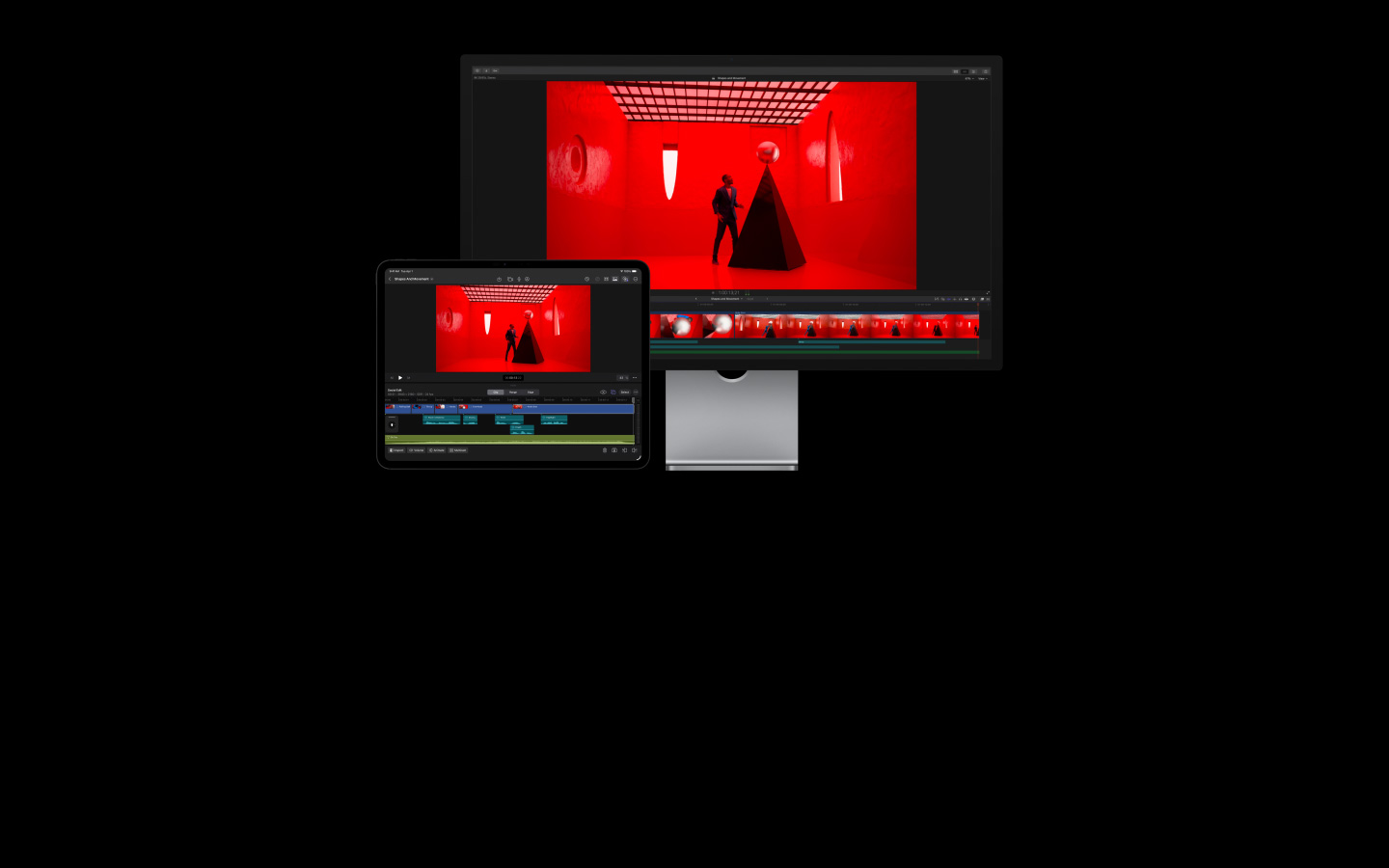 Final Cut Pro edit in progress, man in blue suit in red room placing giant white pearl atop black pyramid