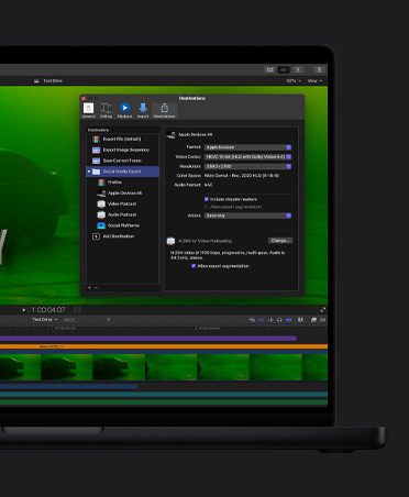 MacBook Pro 16 screen showing image of a car with moody green lighting, export file window open, video clips at the bottom