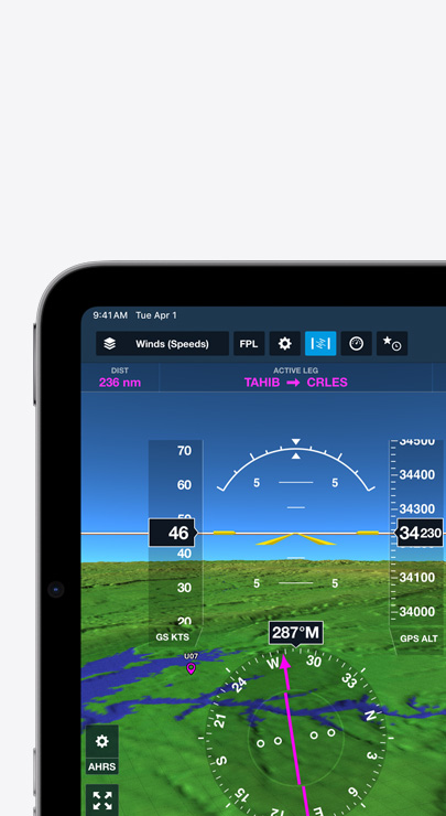 An iPad displays wind speeds and direction on a topographic flight map with ridges representing mountains.