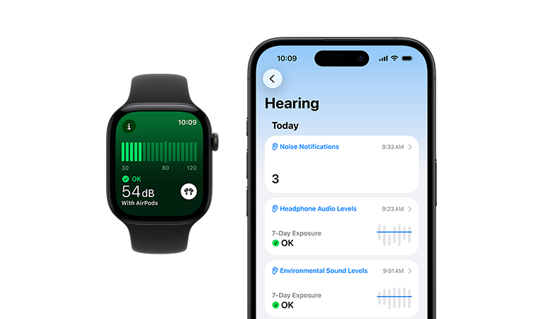 Apple Watch Series 12 z aluminiową kopertą w kolorze czarnym i paskiem sportowym w kolorze czarnym. Na ekranie apka Hałas. Szczegółowe dzienne podsumowanie stanu słuchu wyświetlone na sparowanym iPhonie