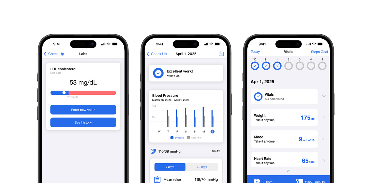 iPhone, som viser Corrie Health-appens funktioner.