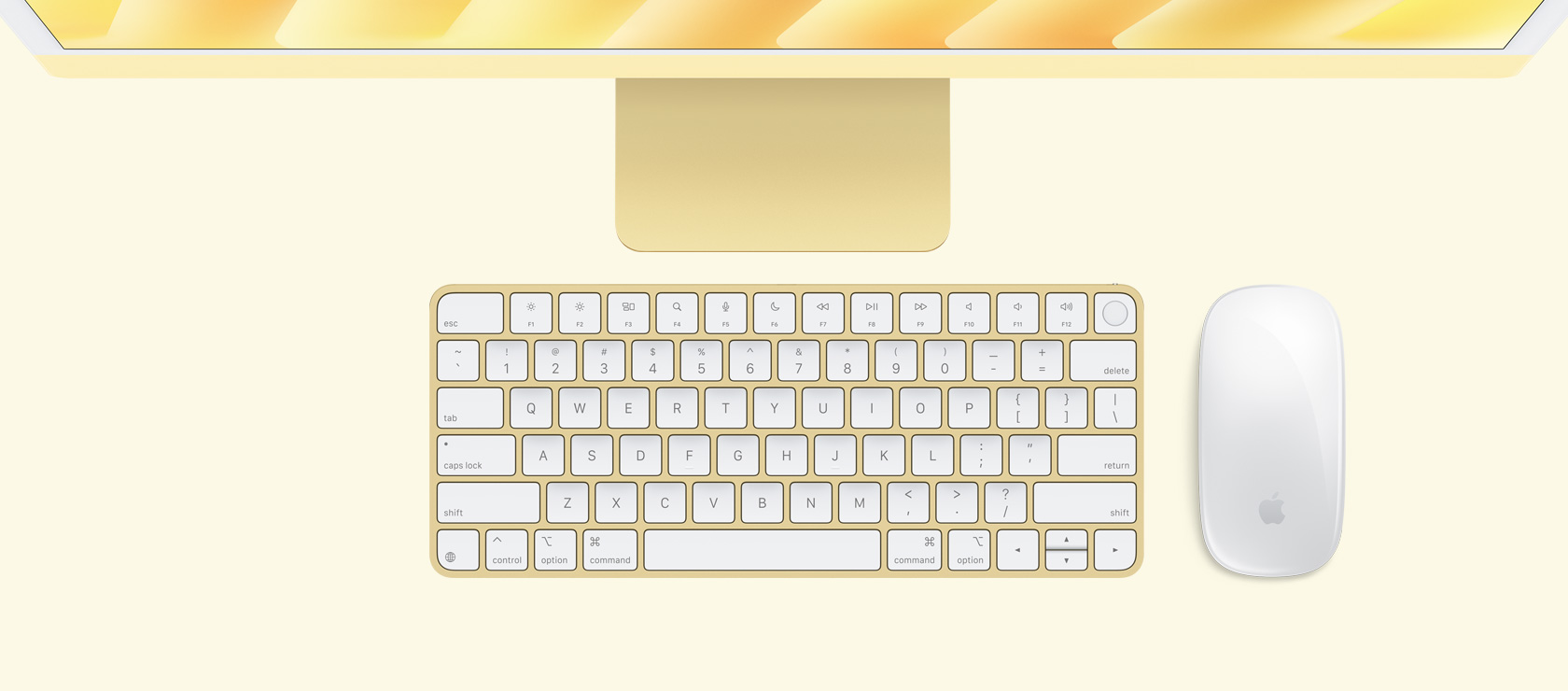 Vedere de deasupra a unui iMac Galben cu tastatură și mouse în culori asortate