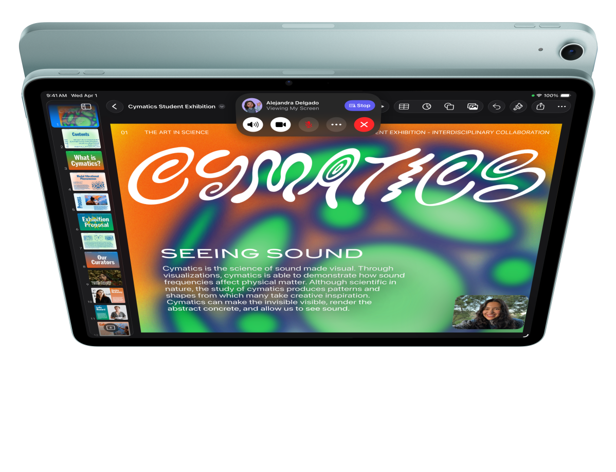 iPad Air, Vorderansicht, FaceTime und Keynote sind geöffnet, dahinter die Rückseite eines anderen iPad Air