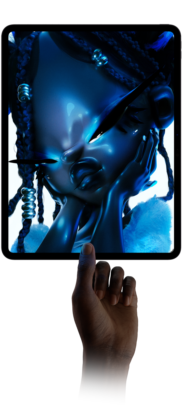 iPad Pro, front exterior, portrait orientation, space black color, display with digital art of a futuristic character with blue skin and braided hair, hand holding up iPad Pro from the bottom between thumb and index finger portraying thin design