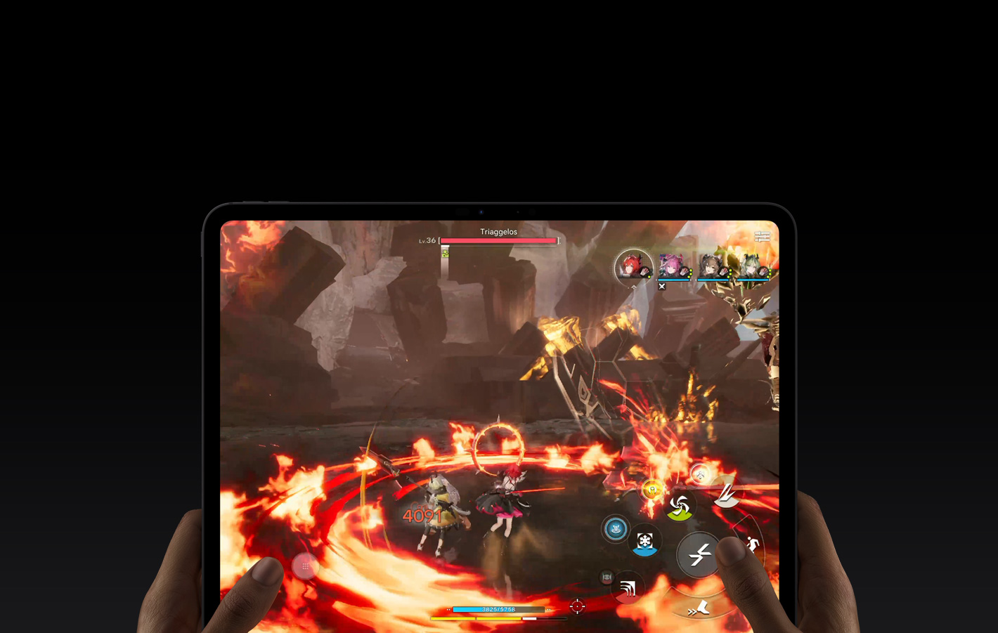 iPad Pro, front exterior, left and right hands holding in landscape orientation, rounded corners, black display bezel, display with Arknights: Endfield video game being played