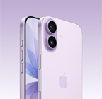 iPhone 17, coloris lavande, face avant, vue oblique de l’arrière, système caméra Fusion dans un plateau au sommet, bouton Commande de l’appareil photo, face avant, design tout écran, bouton action, boutons de réglage du volume et bouton latéral