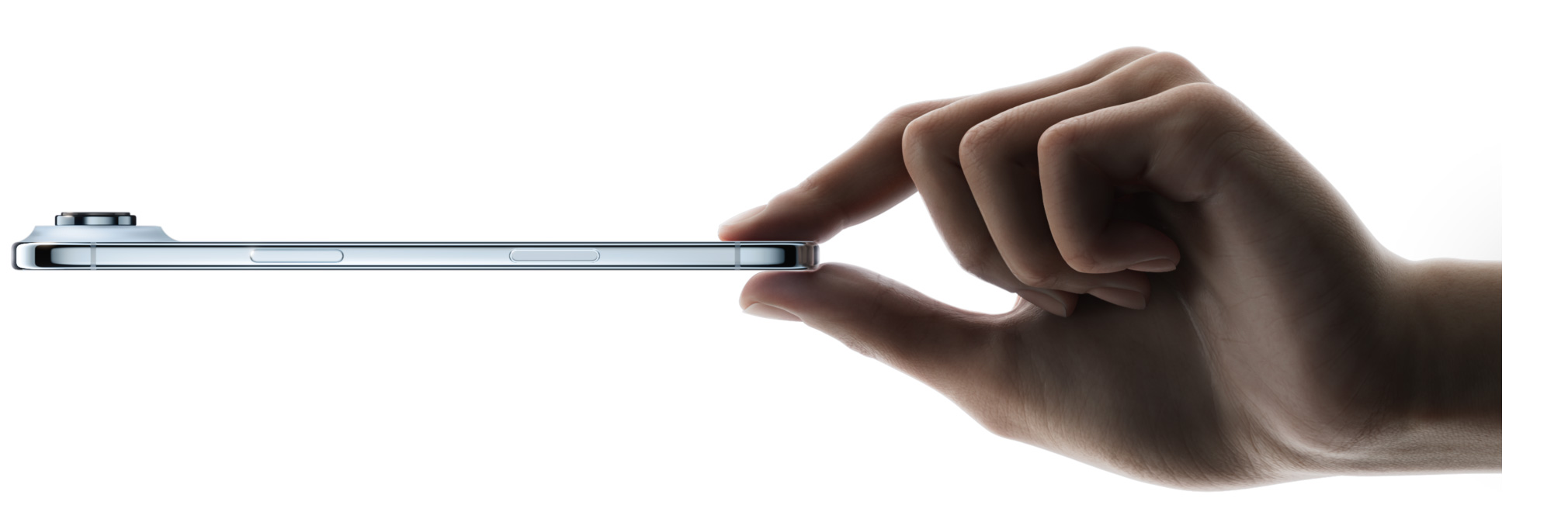 A thumb and forefinger holding iPhone Air, side exterior, Sky Blue color, thin profile, Fusion camera system, buttons: side, Camera Control