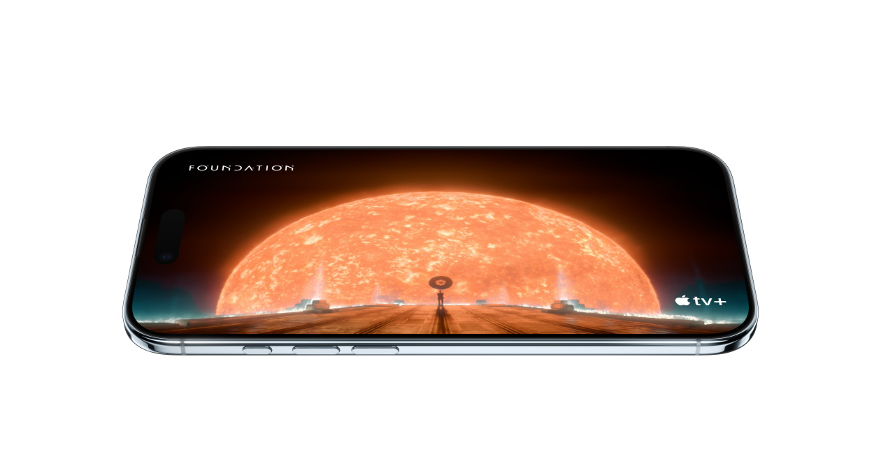 iPhone Air, front exterior, side exterior, showing static of scene from Apple TV series Foundation