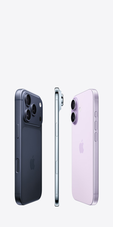 iPhone 17 Pro, заден екстериор, Pro fusion система камери в горната част, iPhone Air, много тънка титаниева рамка, iPhone 17, заден екстериор, авангардна двойна система камери в горния ляв ъгъл