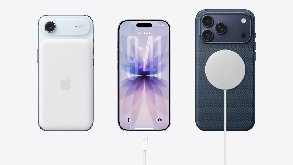 Един до друг. Задна част на iPhone Air с прикрепен MagSafe, предна част на iPhone 17 с цял екран, USB‑C кабел близо до порта за зареждане, задна част на iPhone 17 Pro с прикрепен MagSafe кабел