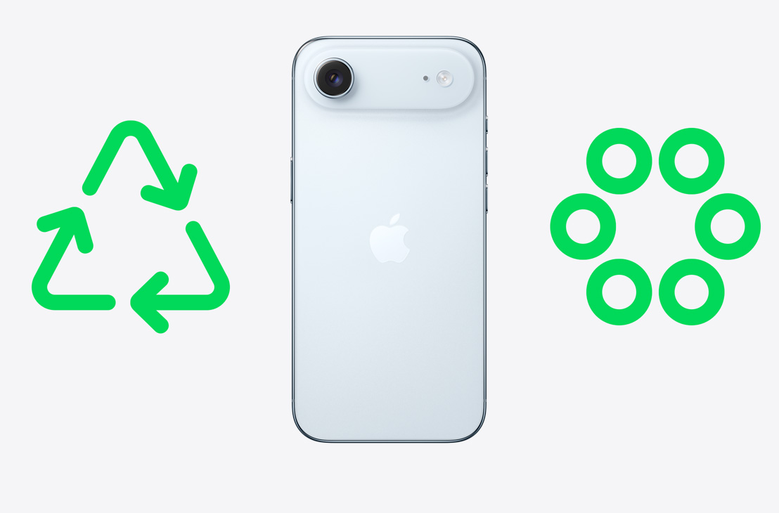 iPhone Air отзад, зелена икона за рециклиране, зелена икона за кръгови процеси