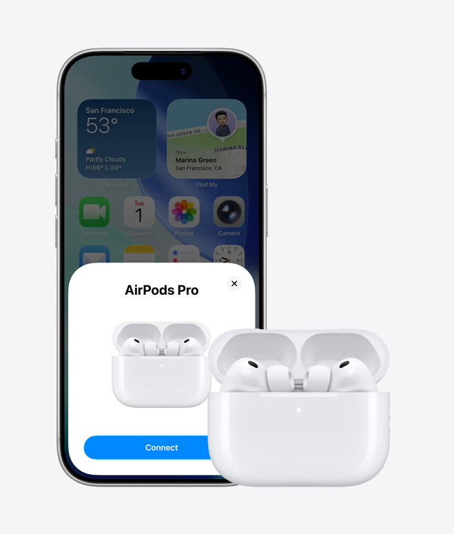 iPhone 17 Pro, преден екстериор, начален екран на заден план, изскачащ прозорец за връзка с AirPod на екрана, AirPods в отворен калъф до iPhone