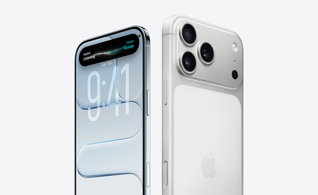 Изглед отзад на iPhone 16 Pro в пустинен титан с трите си обектива, зад друг iPhone Pro, демонстрира възможностите на Dynamic Island на екрана.