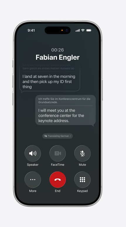 Екран на iPhone с Превод на живо превежда съобщение от немски на английски.