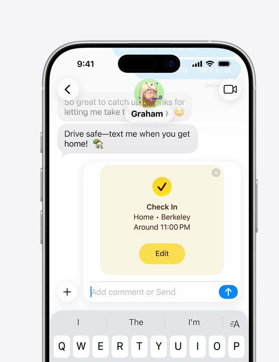 Екран на iPhone показва нишка в Съобщения с използвана Check In функция