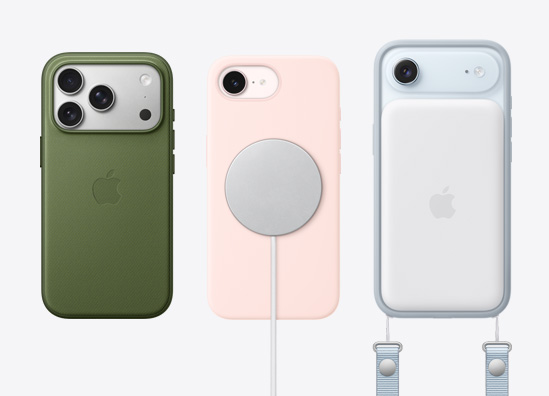 Един до друг, нови iPhone модели показват аксесоари като TechWoven Case с MagSafe, зарядно MagSafe, батерия MagSafe и Презрамка