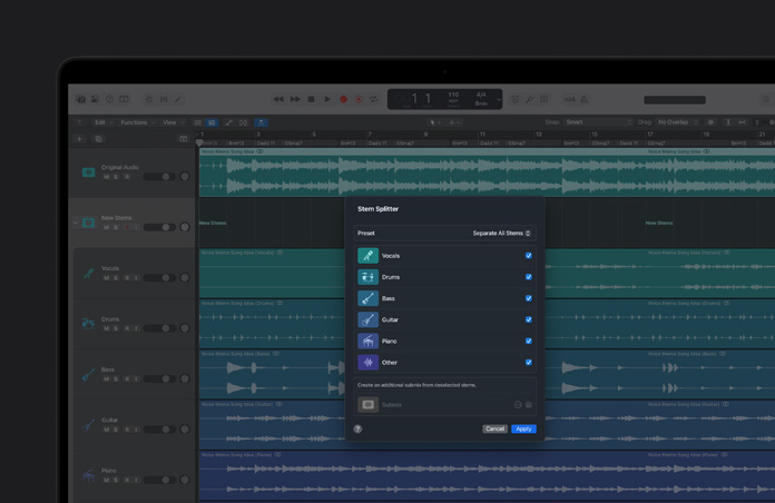 MacBook Pro 16 screen showing module for Stem Splitter, stems for vocals bass guitar drums piano and others