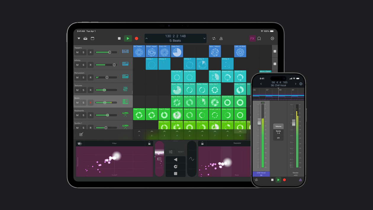 iPad and iPhone devices side by side, iPad screens showing Logic Pro workspace with software instruments, iPhone screen showing vocal and master controls
