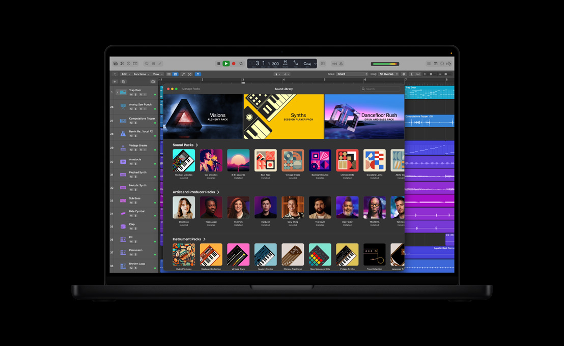 MacBook Pro 16 screen showing Sound Library, sound packs, artist and producer packs, instrument packs