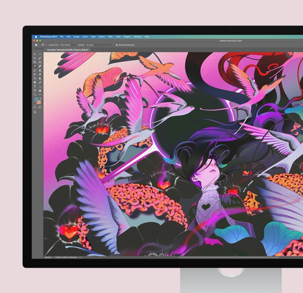 Ekraan, millel on Adobe Photoshopis avatud erksavärviline pilt