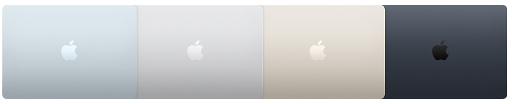 Exteriors of four MacBook Air models, showcasing four different finishes