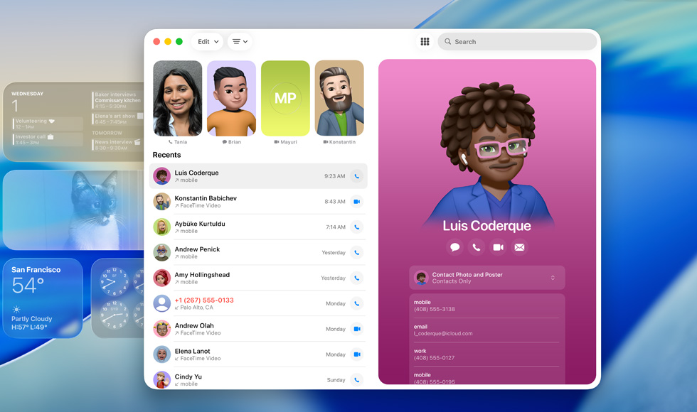 Lock Screen with FaceTime app open, list of recent calls next to contact card with Genmoji and person's name