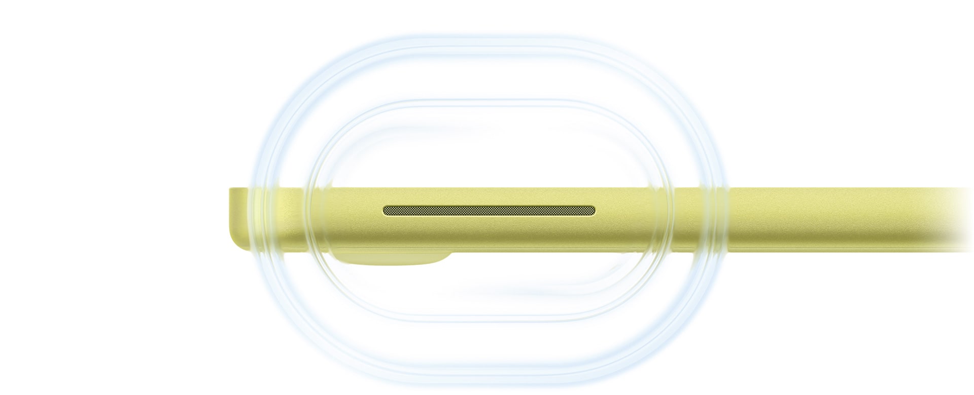 MacBook Neo, couleur jaune agrume, ouvert, ondes sonores partant du haut-parleur situé du côté droit de l’ordinateur et allant vers l’avant