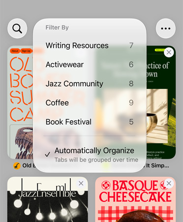 متصفح سفاري على iPhone يعرض قائمة الفلترة مع فئات مثل Writing Resources وActivewear وJazz Community وCoffee وBook Festival مع تحديد خيار Automatically Organize