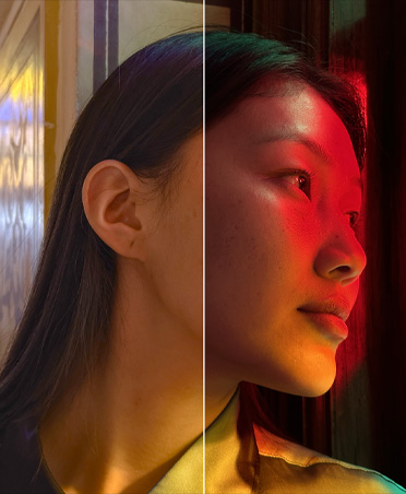 Two-part photo of woman in dark interior, red lighting, left half and right half of photo are different