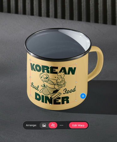 Photo of yellow metal camping cup with Korean Diner logo in green with warp tool open at the bottom of image