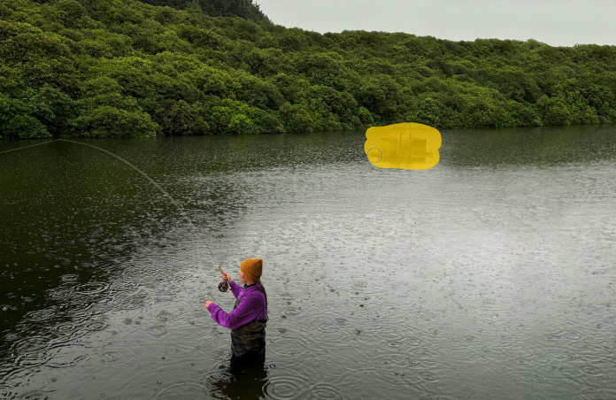 Photo of woman fly-fishing in stream, Pixelmator Pro tool removing unwanted objects