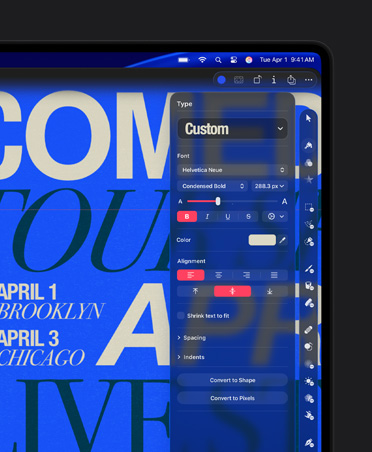 MacBook Pro 16 screen, image of poster for Comedy Tour, custom type tool
