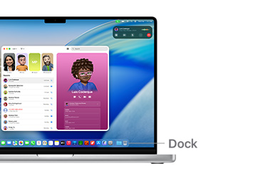 Hướng dẫn điều hướng trên macOS trên MacBook Pro 14" với các đường thể hiện vị trí của Dock.